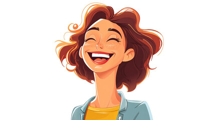 Cartoon illustration of adult woman laughing happily on transparent background. PNG