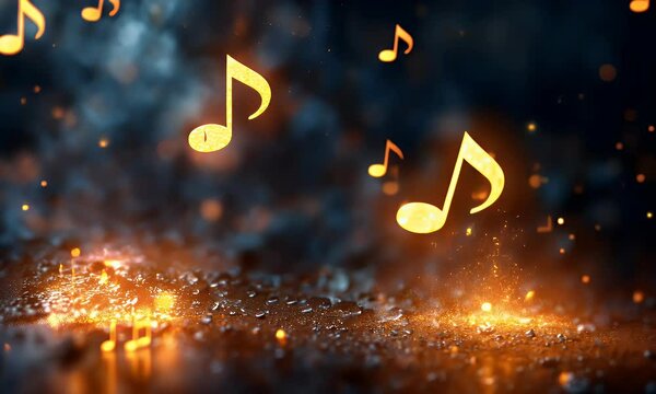 Glowing golden music notes floating in air with sparkling lights on abstract dark background
