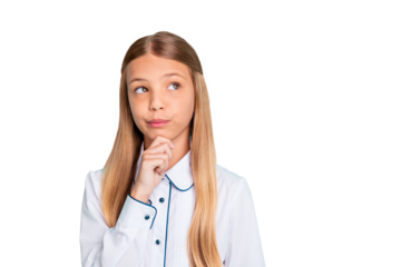 Close-up portrait of nice-looking attractive lovely girlish charming pensive minded clever smart pre-teen girl creating solution fancy isolated on bright vivid shine blue turquoise background