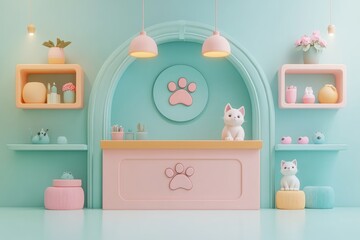 Pastel-toned interior design of a pet shop.