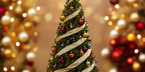 Beautifully Decorated Christmas Tree with Colorful Ornaments and White Ribbon