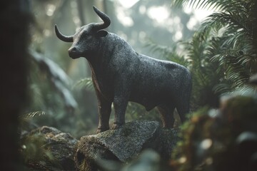 Naklejka premium Majestic bull standing on mossy rocks amidst a dense forest.