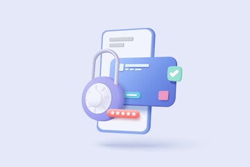 3D credit card money financial security for online shopping, online payment with payment protection. shopping with mobile phone password security. 3d finance vector icon render illustration