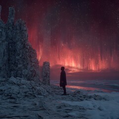 Fototapeta premium Solitary figure under the Auroras in a frozen, otherworldly landscape