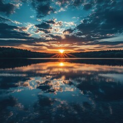 Serene sunset over a tranquil lake.  Clouds reflect in the glassy water