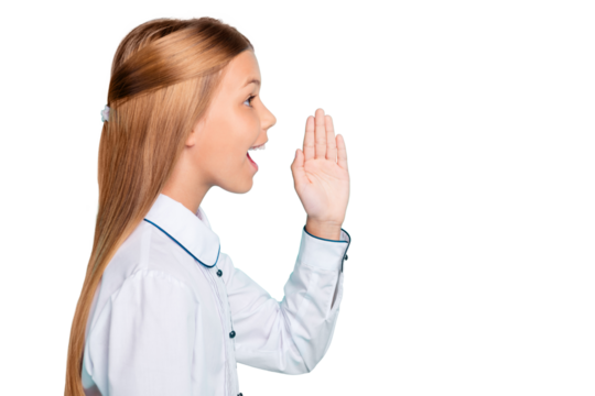 Close-up profile side view portrait of her she nice-looking attractive lovely winsome charming cheerful cheery pre-teen girl sharing rumour isolated on bright vivid shine blue turquoise background - Powered by Adobe