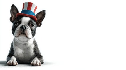 Patriotic Pup: A charming Boston terrier puppy dons a festive hat, showcasing its playful spirit and patriotic pride.