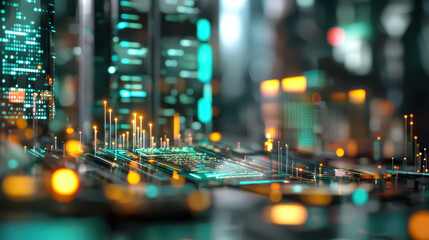 Vibrant digital cityscape showcasing advanced technology and interconnected networks, illuminated by glowing lights