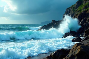 Powerful ocean waves crashing on a rocky shore, sea foam and spray Dramatic coastal scene , wild, scenic
