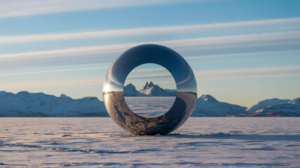 A surreal photograph of a large metallic sphere with a hole in it, positioned on a snow-covered landscape