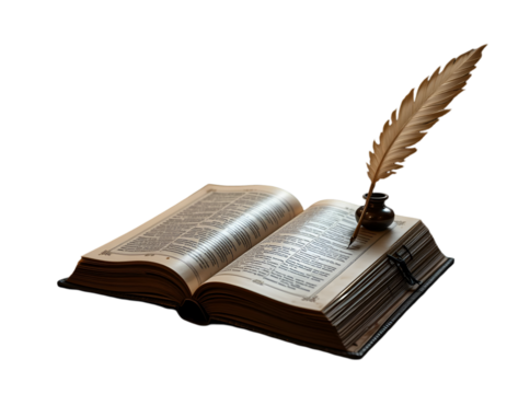 Open Book with Feather Quill and Inkwell on Transparent Background