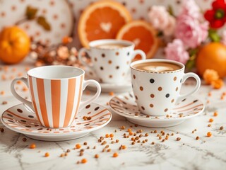 Fototapeta premium Playful Polka Dot and Striped Coffee Set with Orange and Pink Accents