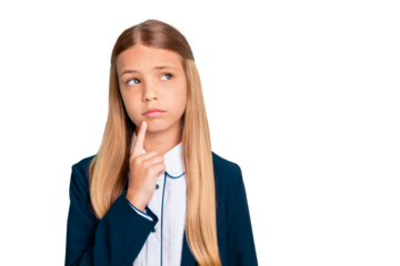 Close up photo beautiful she her little lady pretty hairdress monday finger chin look empty space ponder pensive wear formalwear shirt blazer school form isolated bright teal turquoise background