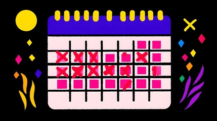 A calendar features several missed deadlines indicated by red crosses
