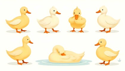 A set of modern, minimalist duck illustrations in flat design style.
