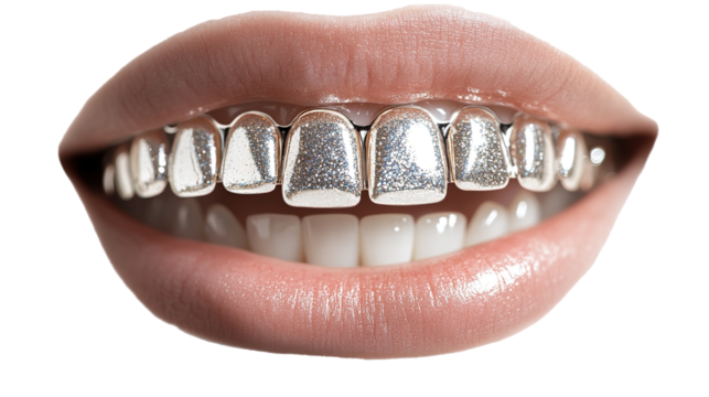 Grillz teeth in a mount with a smile isolated on transparent background. PNG