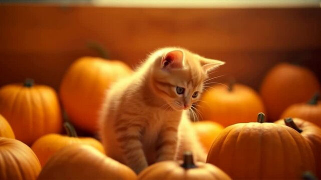 A cute orange kitten playfully exploring a vibrant patch of pumpkins.