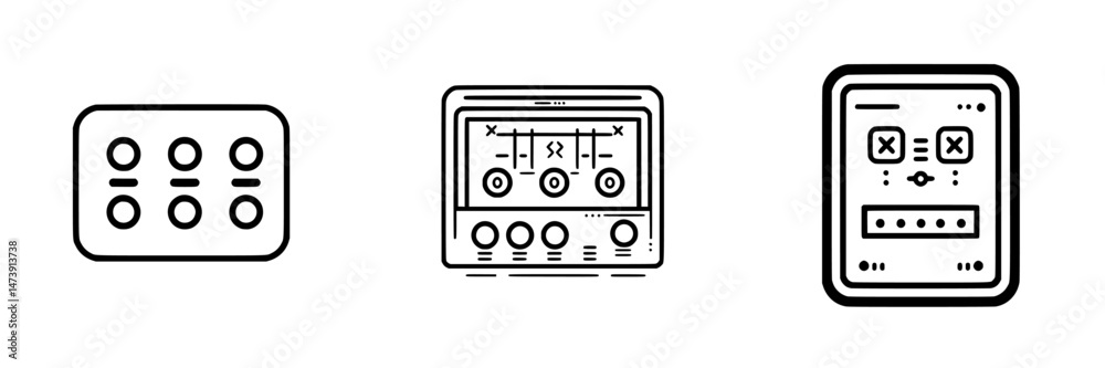 Poster three vector icons depict audio control devices featuring buttons and sliders, emphasizing a minimal