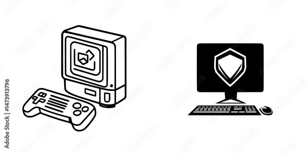 Poster Modern gaming interface illustrated in vector format, showcasing a retro console and a secure desktop computer setup