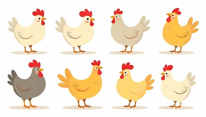 A whimsical set of cartoon chickens in a creative flat design style, each with its own distinct personality.