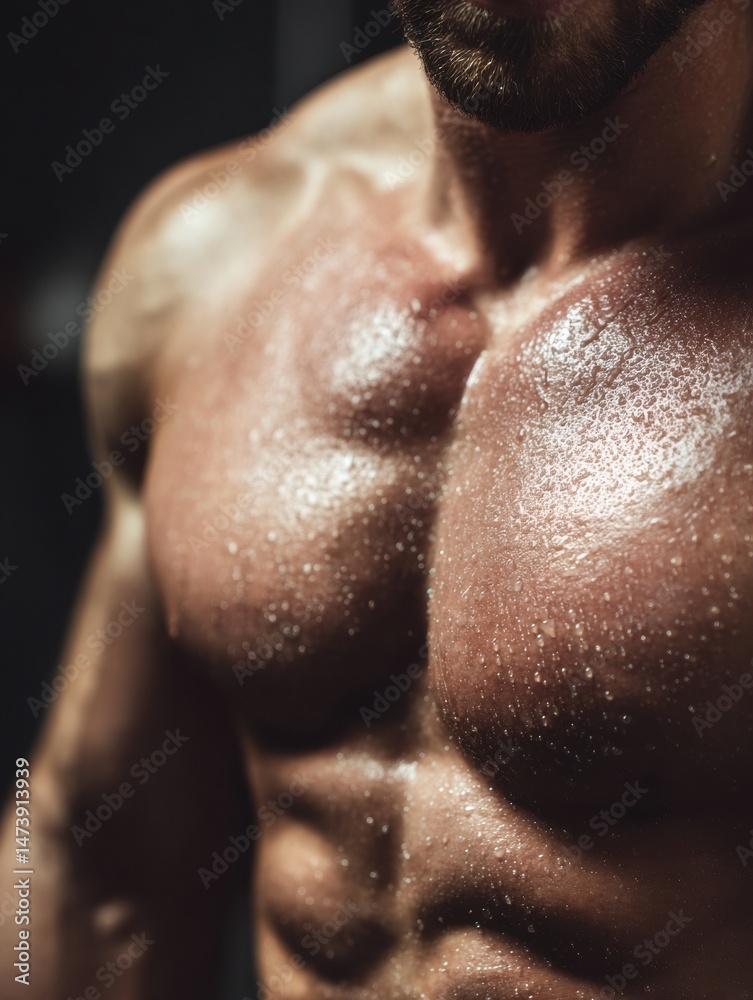 Poster bodybuilder showcase with glistening torso in gym setting captured during workout session