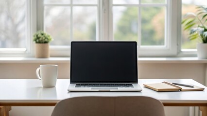 Modern workspace featuring a laptop, coffee cup, and plants by a window, creating a serene and productive atmosphere.
