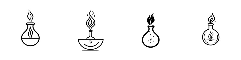 Vector illustration icons of various flasks with flame designs for chemical or laboratory themes
