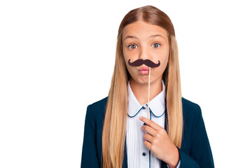 Close up photo beautiful she her little lady pretty hairdress funky fake paper moustache like boy 1...