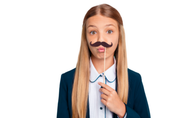 Close up photo beautiful she her little lady pretty hairdress funky fake paper moustache like boy 1 september party wear formalwear shirt blazer school form isolated bright teal turquoise background