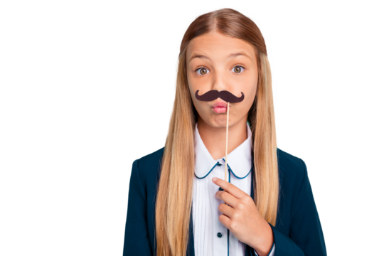 Close up photo beautiful she her little lady pretty hairdress funky fake paper moustache like boy 1 september party wear formalwear shirt blazer school form isolated bright teal turquoise background - Powered by Adobe