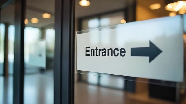 ENTRANCE sign with a black arrow pointing to the right on a glass door , in a public building