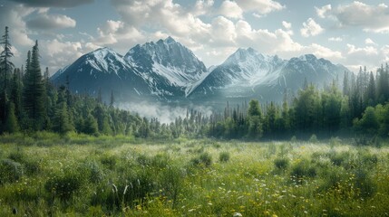Fototapeta premium A realistic landscape of a meadow, forest, and snow-capped mountains. This naturalistic image is perfect for websites or blogs on travel, nature, hiking, and outdoor themes.