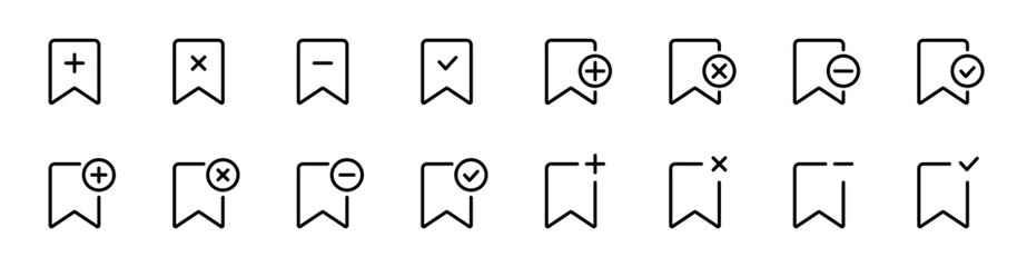 Bookmark outline icon set. Bookmark, save, tag icons. Bookmark with plus, minus, cross, remove