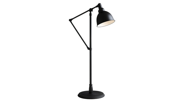 Black and white floor lamp with old metal design for office or studio lighting, isolated on transparent background. PNG