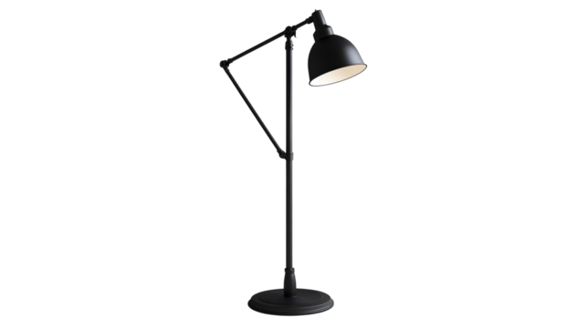 Black and white floor lamp with old metal design for office or studio lighting, isolated on transparent background. PNG