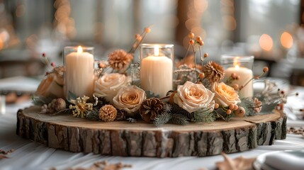 Wood slice centerpiece with dried flower bundles and tealight holders, rustic-modern mix