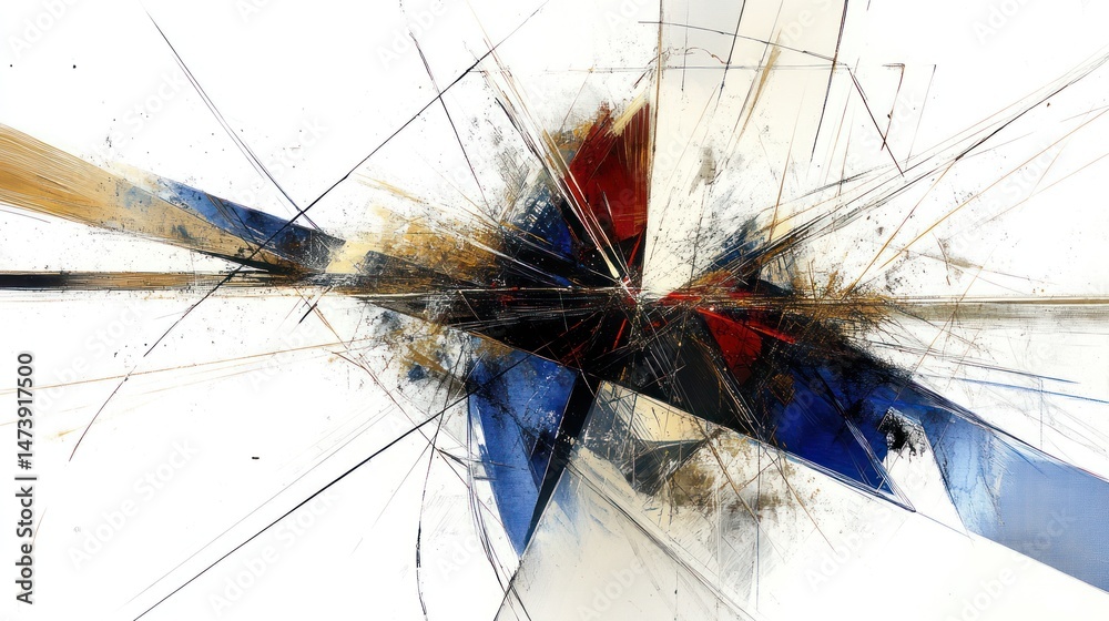 Wall mural abstract artwork featuring sharp lines and bursts of color formations