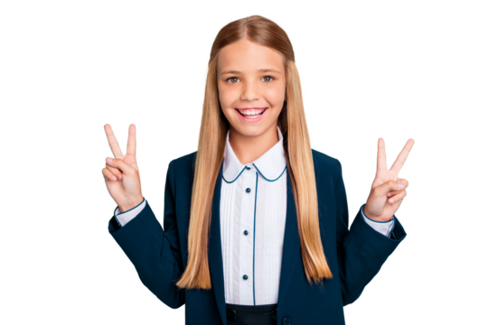 Close up photo beautiful she her little lady funky funny long hairdo hand arm raised v-sign positive say hi classmate wear formalwear shirt blazer school form isolated bright teal turquoise background