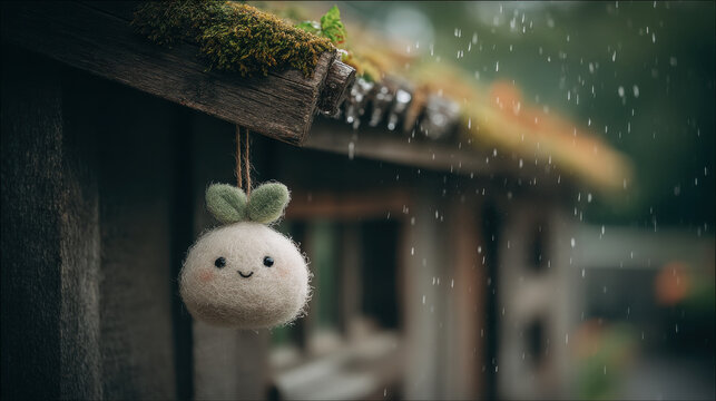 Cute handmade teru teru bozu hanging outside rustic wooden structure in rain, Japanese Style