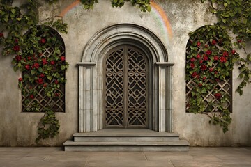 Naklejka premium Ornate Archway Door Entrance with Climbing Red Roses and Stone Steps