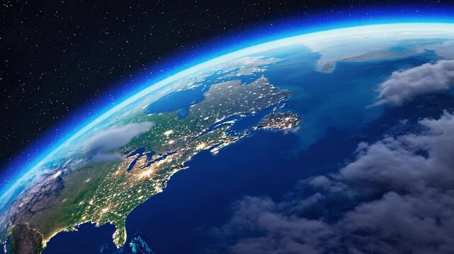 Orbiting Planet Earth from Space with City Lights and Clouds