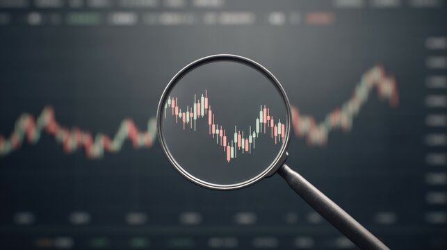 Magnifying glass through which you can see the candlestick chart on the screen. Technical analysis of the stock market close-up.