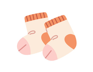 Pair of cute warm socks for babies. Icon funny kids stockings. Lovely newborns, infants hosiery for little boys and girls. Children clothes. Flat isolated vector illustration on white background