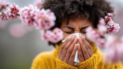 A woman suffering from allergies covers her nose with a handkerchief and sneezes among flowers. Allergic reaction, seasonal problem.