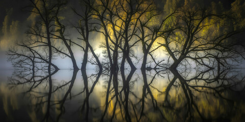 A symmetrical nature photograph of bare tree branches reflected in still water.