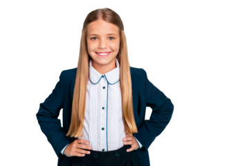 Close up photo beautiful she her little lady pretty hairdress like studying school weekend vacation hands arms sides wear formalwear shirt blazer school form isolated bright teal turquoise background