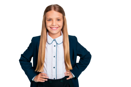 Close up photo beautiful she her little lady pretty hairdress like studying school weekend vacation hands arms sides wear formalwear shirt blazer school form isolated bright teal turquoise background