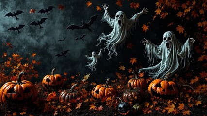 Spooky Autumn Ghosts and Pumpkins Background for Social Media