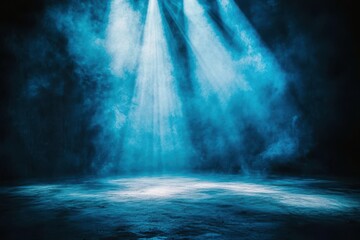 A stage illuminated by blue light rays, casting a dramatic and atmospheric ambiance for performances or events.