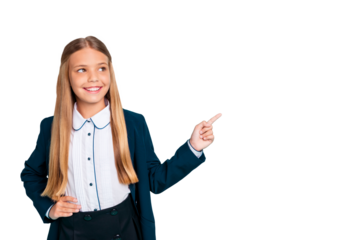 Close up photo beautiful she her little lady pretty hairdo like love study school hand arm index finger empty space wear formalwear shirt blazer school form isolated bright teal turquoise background